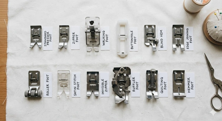 Collection of sewing machine feet types and uses arranged on a work surface