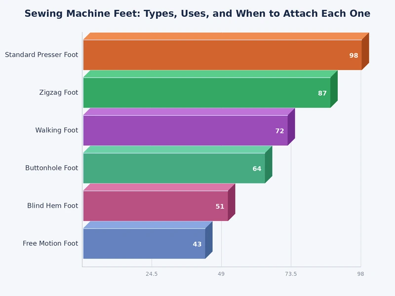 Chart comparing sewing machine feet types and uses by fabric and skill level