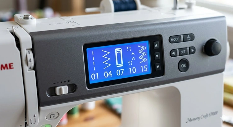 sewing machine stitch types selector panel showing over twenty built-in stitch options on a modern home machine