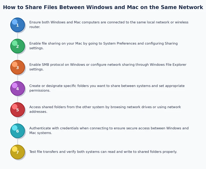 step-by-step process diagram for how to share files between windows and mac on the same network