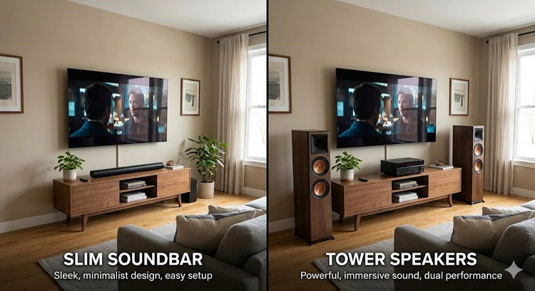 soundbar vs stereo speakers side-by-side comparison setup in a living room
