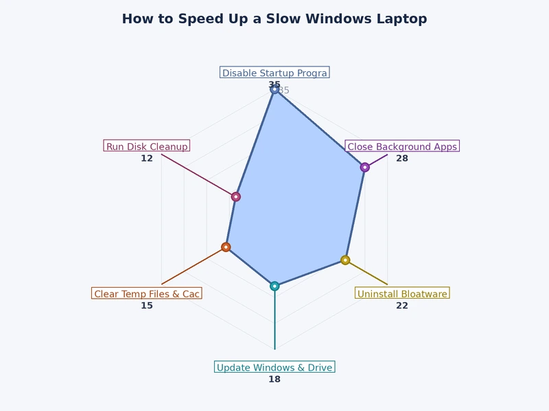 Bar chart comparing boot time improvements from software fixes vs hardware upgrades on slow Windows laptops