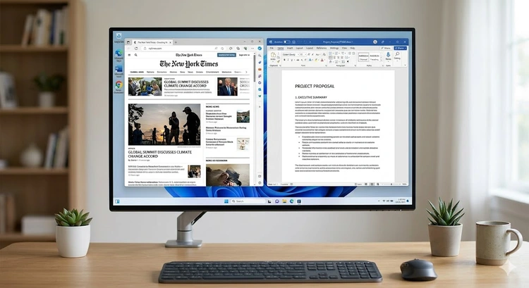 How to split screen on Windows showing two apps snapped side by side on a desktop