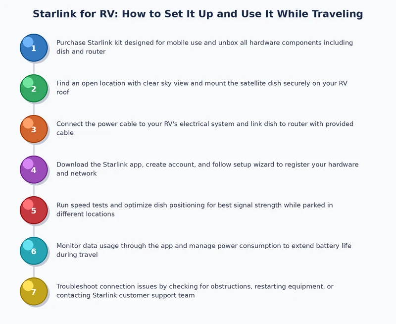 Step-by-step process diagram for setting up Starlink in an RV from dish placement to network connection