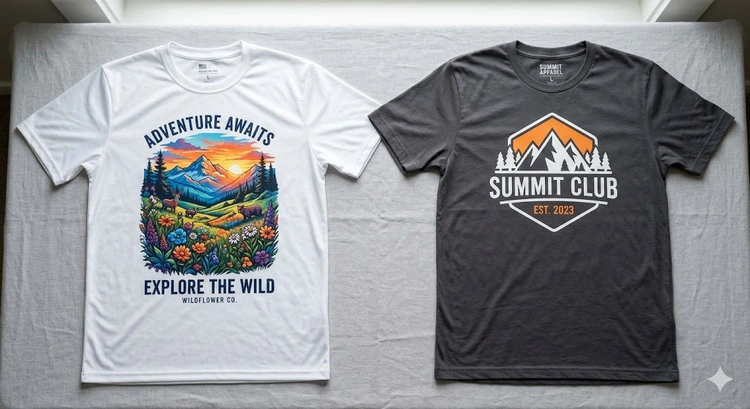 sublimation vs heat transfer vinyl prints side by side on polyester and cotton fabric swatches