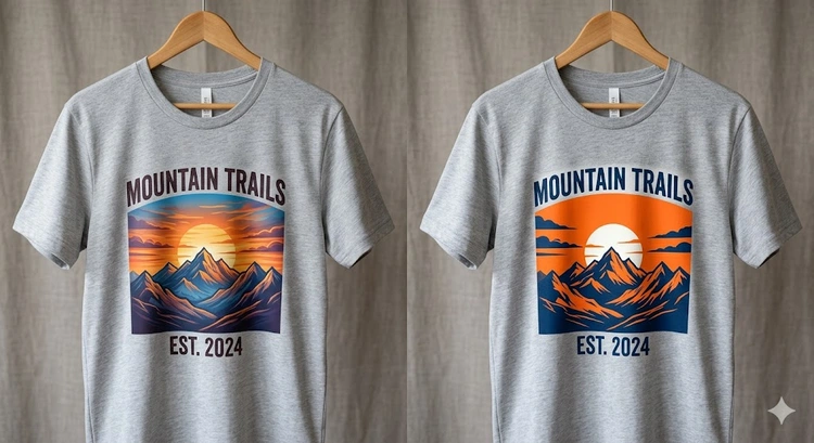 Sublimation vs screen printing workspace showing a heat press on the left and a screen printing station on the right