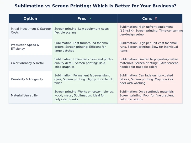 Comparison table showing sublimation products like mugs and all-over-print shirts versus screen printed cotton tees and dark garments
