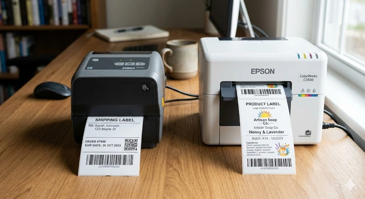 thermal printer vs inkjet label printer side-by-side on a work desk