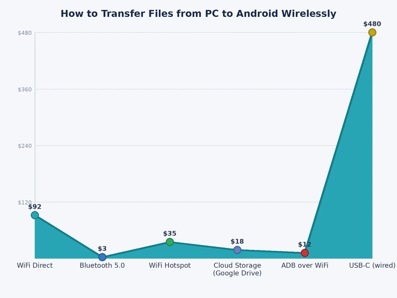 Bar chart comparing wireless file transfer methods by speed, setup complexity, and internet dependency