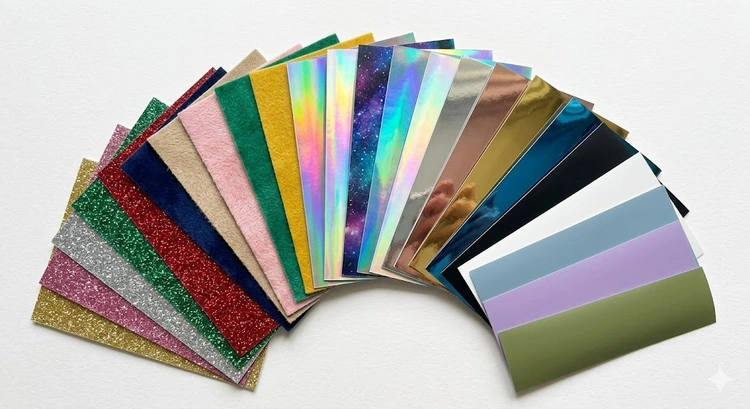 Assorted types of heat transfer vinyl including glitter, chrome, flocked, and standard smooth rolls