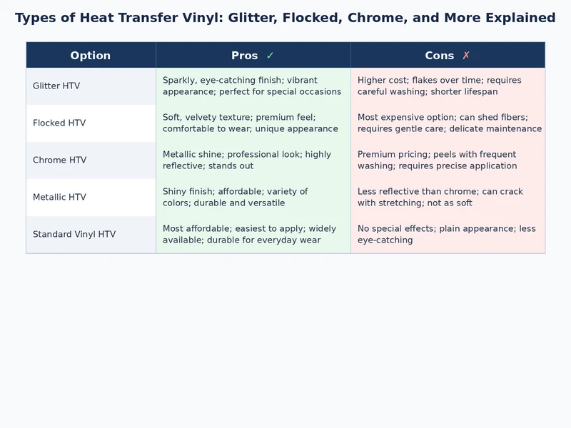 Side-by-side comparison of glitter, flocked, chrome, printable, and athletic heat transfer vinyl finishes on fabric