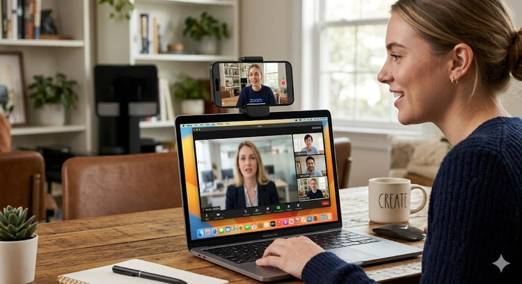iPhone mounted on a desk stand being used as a webcam on a Windows PC