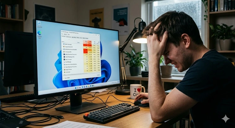 Windows Task Manager open on a slow PC showing high CPU and memory usage in the Processes tab