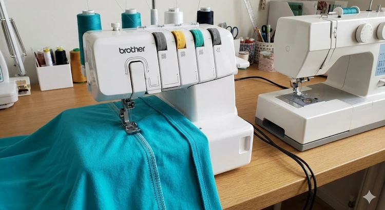 coverstitch machine showing parallel needle rows and looper thread mechanism on knit fabric hem
