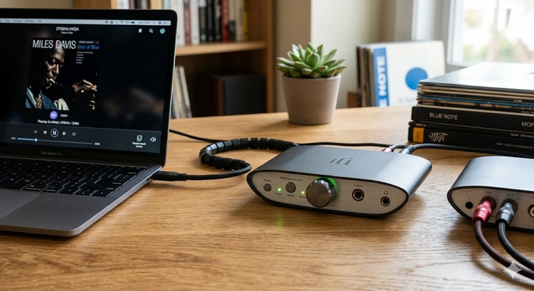 standalone DAC connected between laptop and stereo amplifier for home audio