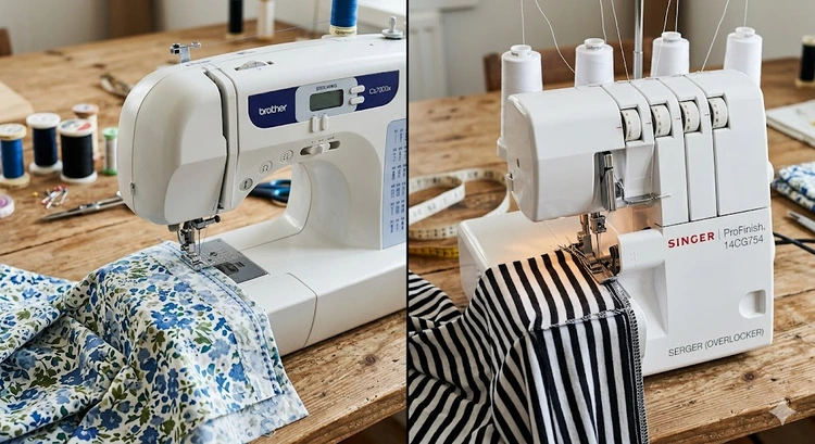What is a serger sewing machine shown alongside a regular sewing machine for direct comparison