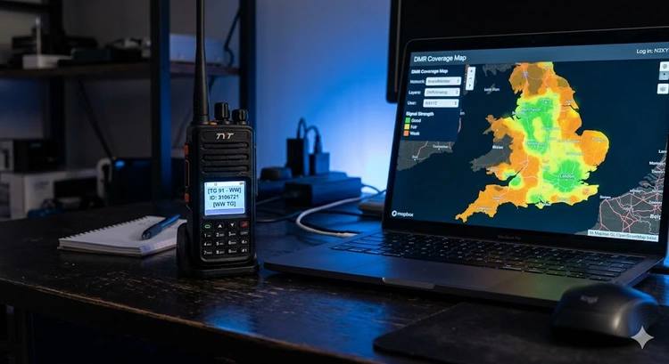 DMR digital radio handheld unit displaying channel and talk group information