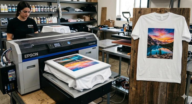 DTG printing machine applying a full-color design directly onto a white cotton t-shirt