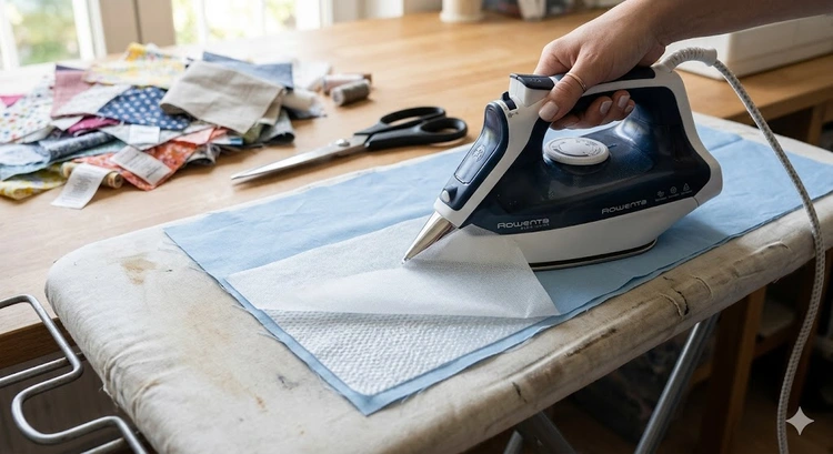 various types of sewing interfacing fabric including fusible non-woven and woven laid flat on a cutting mat