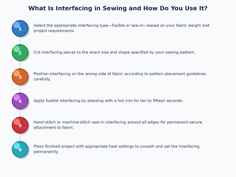 step by step process diagram showing how to cut and fuse sewing interfacing to fabric pieces