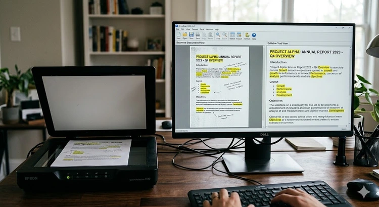 OCR software interface converting scanned paper documents into indexed, searchable PDF files on a desktop workstation