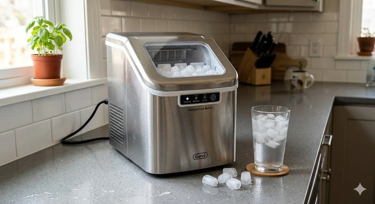 countertop ice maker buying guide — portable machine on a kitchen counter with ice cubes