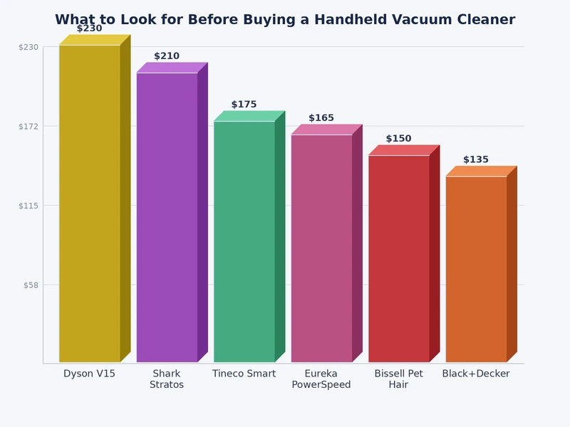 Bar chart comparing handheld vacuum cleaner specs including suction pressure, battery runtime, and filter particle capture rates