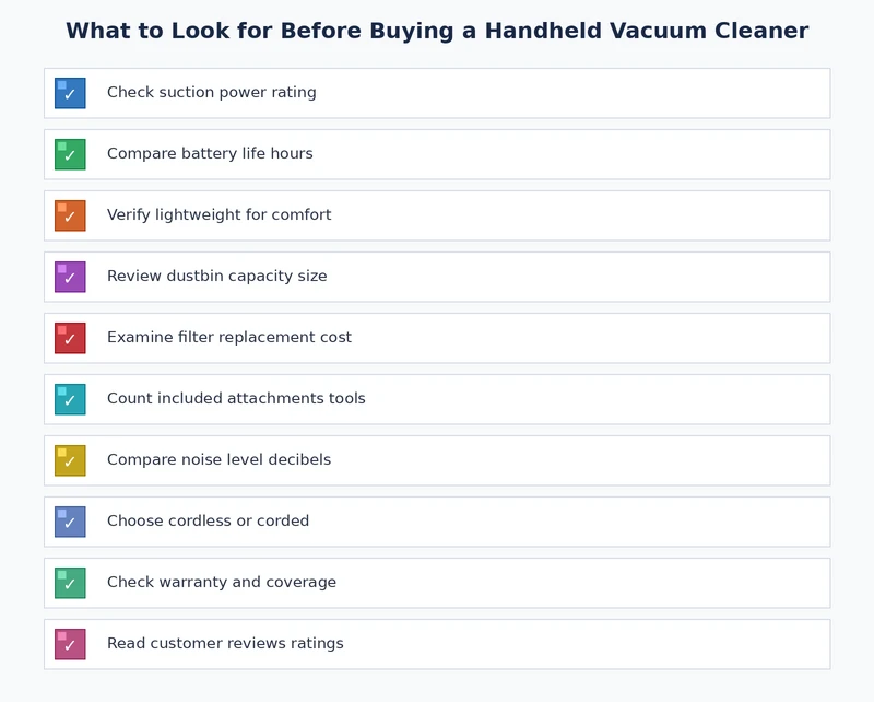 Handheld vacuum cleaner buying checklist covering suction rating, filter type, battery runtime, weight, and dustbin capacity