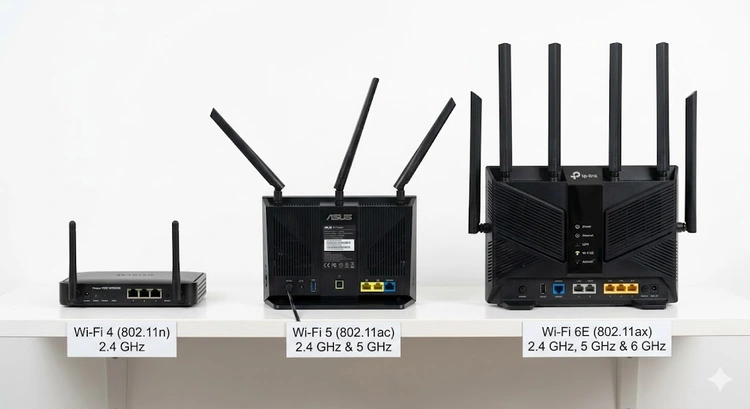 wifi 6 vs wifi 6e vs wifi 7 routers side by side on a desk for comparison