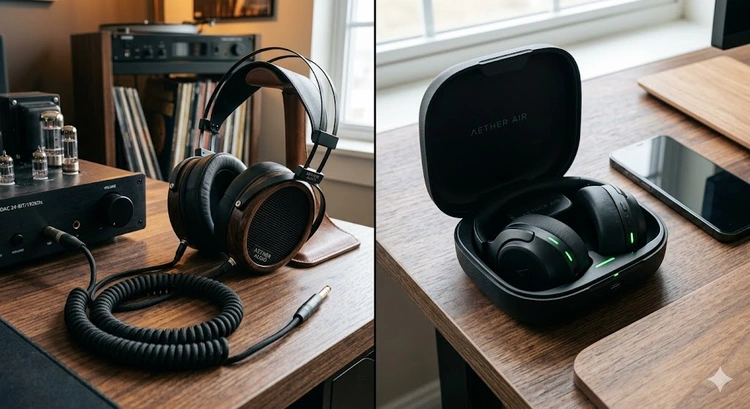 Wired vs wireless headphones home audio comparison on a listening desk