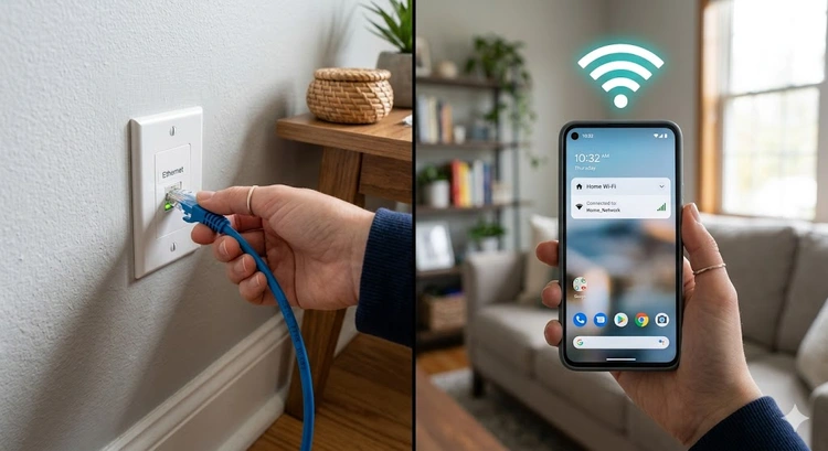 Wired vs wireless home network: Ethernet cable plugged into router alongside Wi-Fi signal graphic