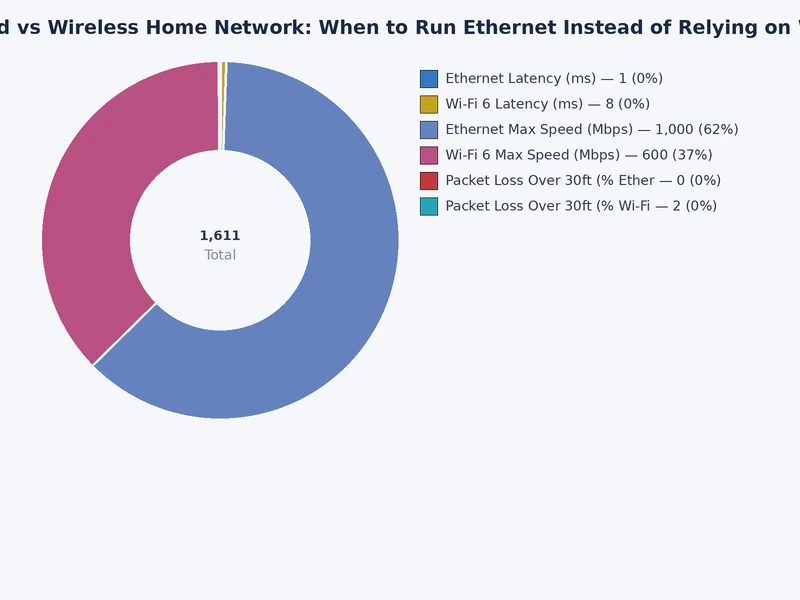 Bar chart comparing wired vs wireless home network latency, throughput, and jitter across device categories