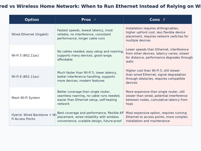 Side-by-side comparison chart of wired vs wireless home network performance across latency, throughput, reliability, and installation cost