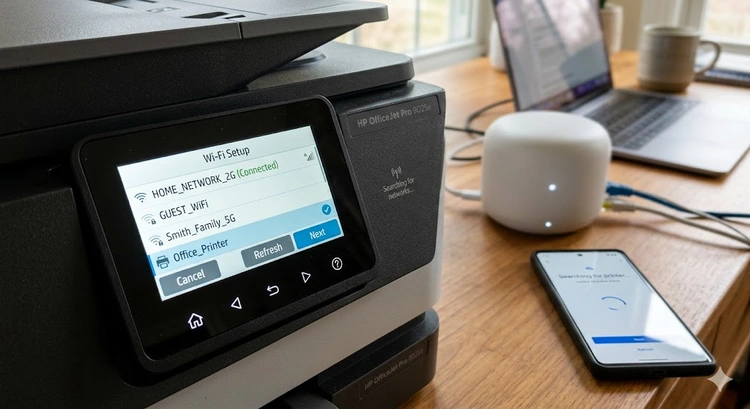 Wireless printer setup screen showing how to connect printer to wifi using the control panel menu