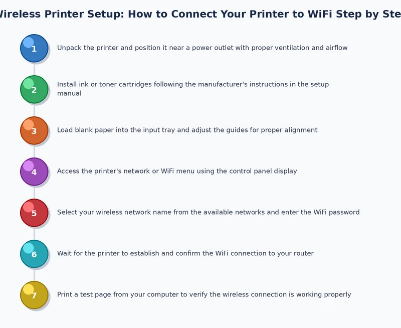 Step-by-step process diagram showing wireless printer connection flow from network prep through test print