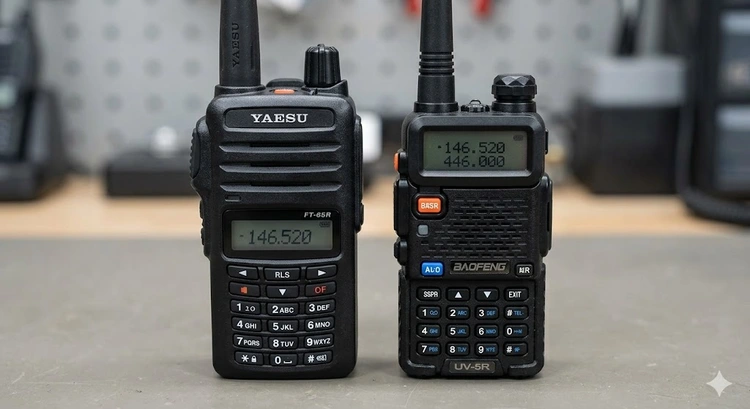 Yaesu FT-65R and Baofeng UV-5R handheld radios side by side on a wooden table