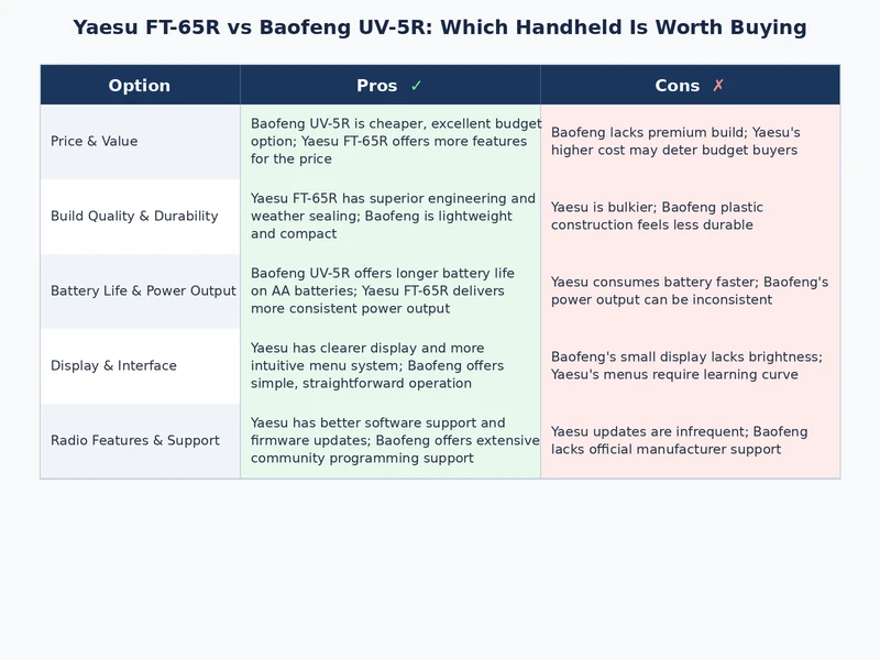 Comparison table graphic showing Yaesu FT-65R vs Baofeng UV-5R features across build quality, audio, receiver, price, and ease of use