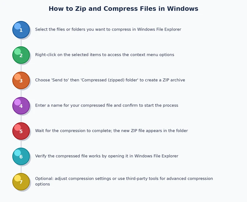 step-by-step process diagram for zipping and verifying files in windows